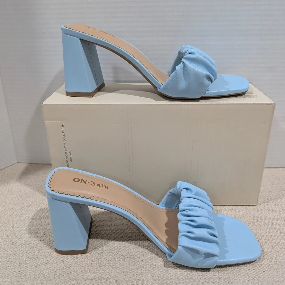 On 34th Sallieep Blue Ruched Block Heel Square Toe Slide Sandals 8.5 M